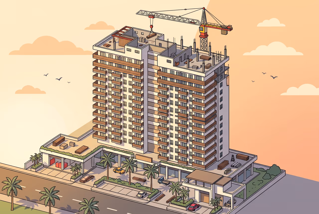 Isometric illustration of D'Avenue nearing completion, a construction crane on the rooftop and palm-lined streets below