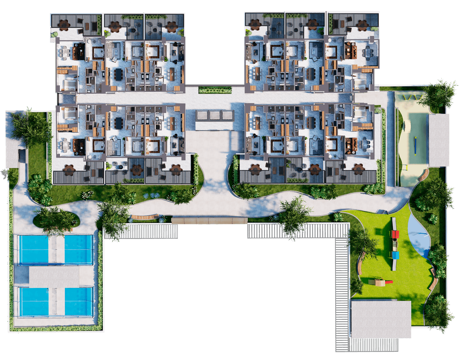 Seis casas jardín sobre la plaza