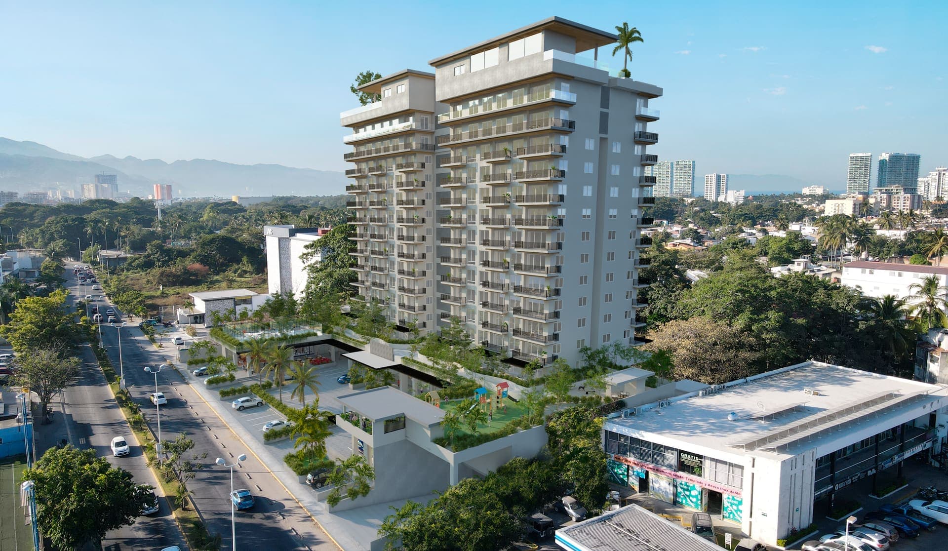 D'Avenue desde arriba: la plaza, el nivel jardín y la bahía al fondo